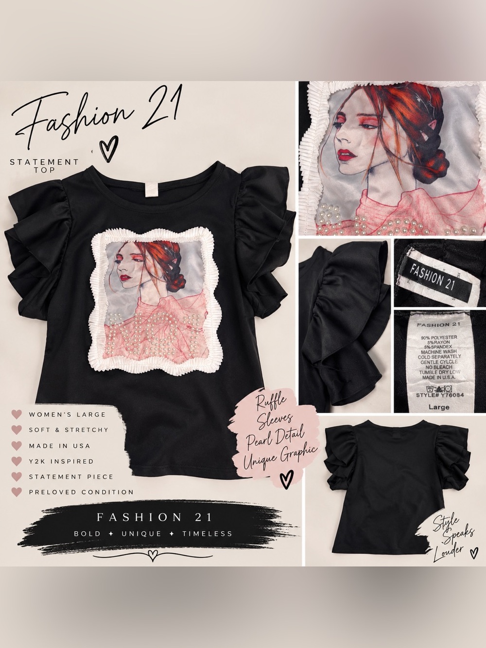 Girls' Black Ruffle Sleeve Top with Pink Graphic